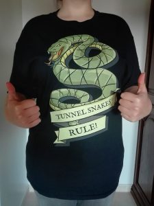 photo of patricia using tunnel snakes rule t shirt from neatoshop