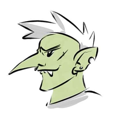 drawing of a goblin with a very pointy nose