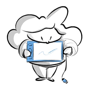 cartoon drawing of patricia looking at her tablet