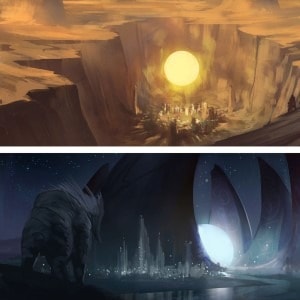 The use of warm and cold colors in the work of Noah Bradley - Sun and Moon.