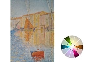 Tetradic Color schemes are great for setting up the composition. Here's Red Buoy by Paul Signac.