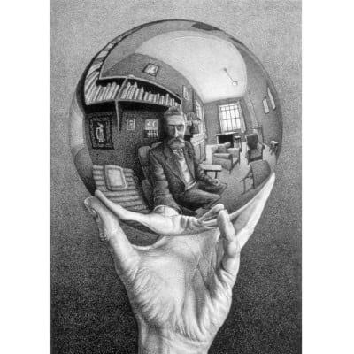 Hand with Reflecting Sphere by M.C. Escher, a completely amazing example of four point perspective, look at the details!