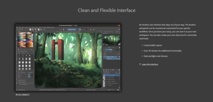 krita a free drawing software, screenshot from krita's website with the user interface