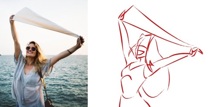 Image showing a reference image next to a gesture drawing with loose confident lines