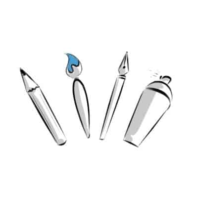 cartoon drawing of pencil, brush, fountain pen and spray, different drawing tools for artists