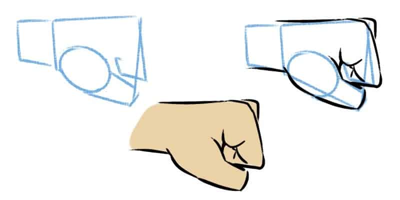 Drawing the knuckles from the side, focus on the main shapes at the top.