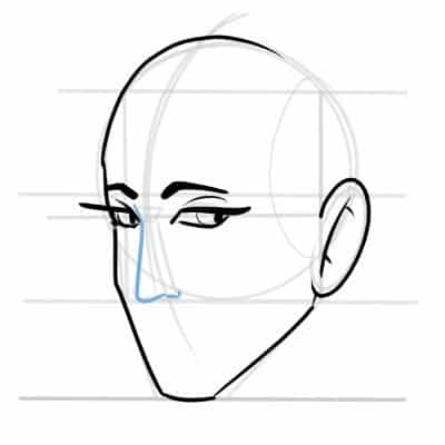 The nose is very easy to draw in a three quarters view, a simple slanted triangle.