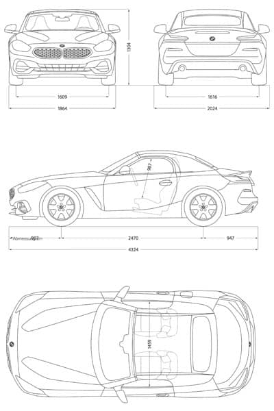 BMW Z4 2018 Blueprint, an orthographic drawing projection example with several points of view