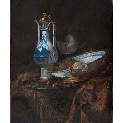 Example of Willem Kalf's work - Still Life With Ewer and Basin, Fruit, Nautilus Cup, and other Objects -