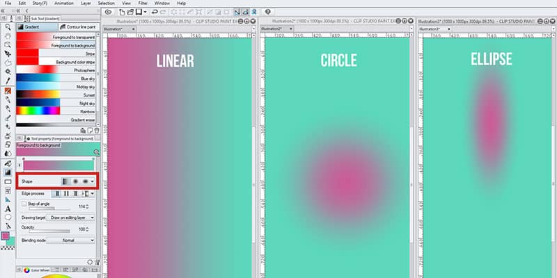 You can change the shape of your gradient in clip studio paint, this includes linear gradient, radial or circle gradient and ellipse gradient!