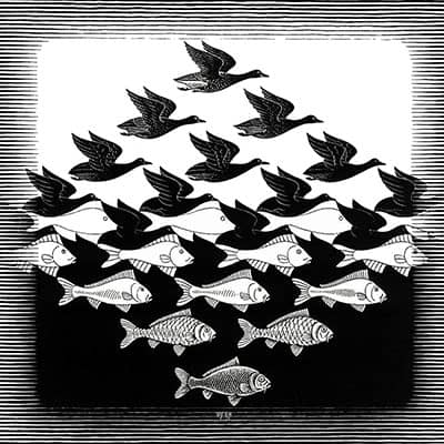Sky and Water I by M.C. Escher, negative space drawing
