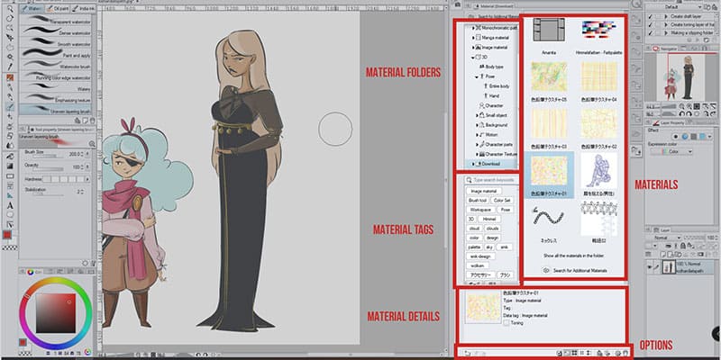 You can use the Material Palette Menu on the right in clip studio paint to use your materials!