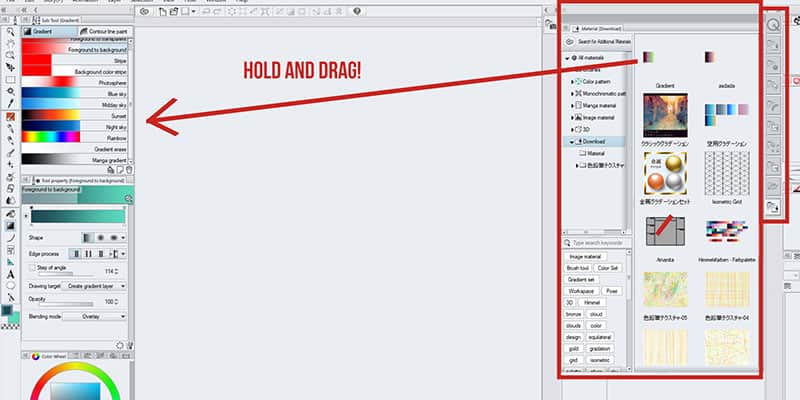 Drag and drop your gradient on clip studio paint to import it from clip studio assets!