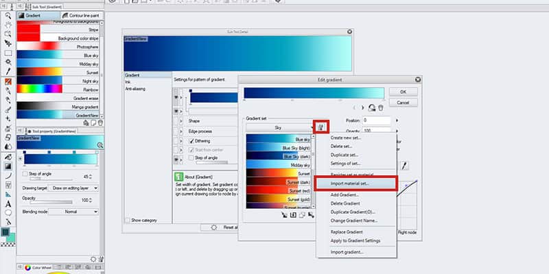 Select import material set to import them into clip studio paint