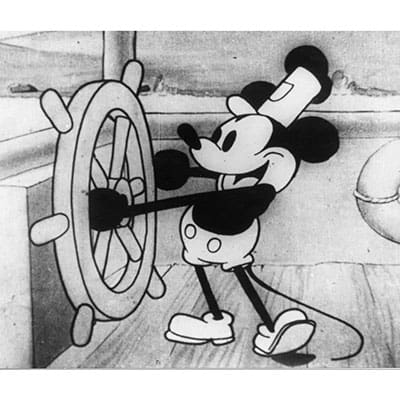 Classic Disney art style with mickey mouse in steamboat willie