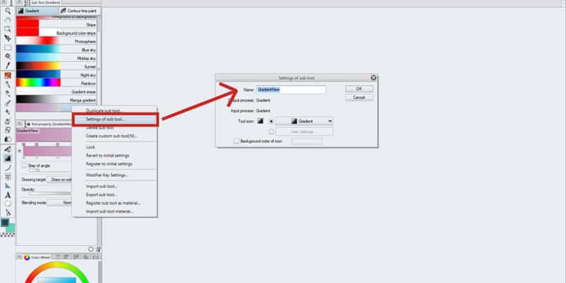 To change the name of a gradient, select settings of sub tool and change it!
