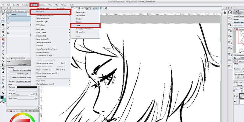 screenshot of clip studio paint showing how to use the clip studio paint tone layer