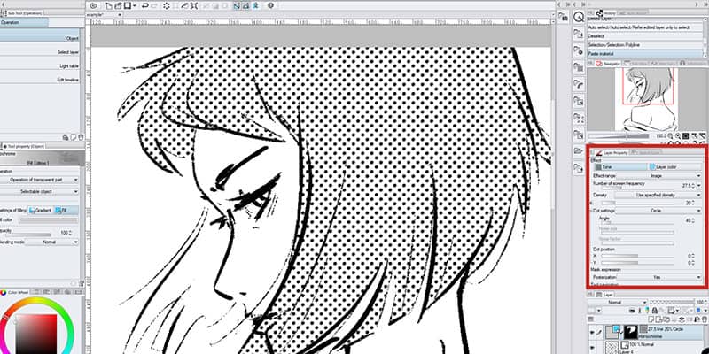 screenshot of clip studio paint showing how to use the layer property window to edit your tone layer
