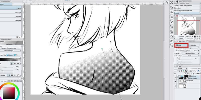 Changing the layer property to Tone will transform your gradient into a screentone in Clip Studio Paint!
