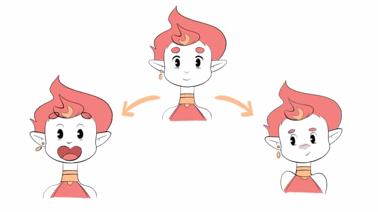 drawing of a character with 3 different expressions