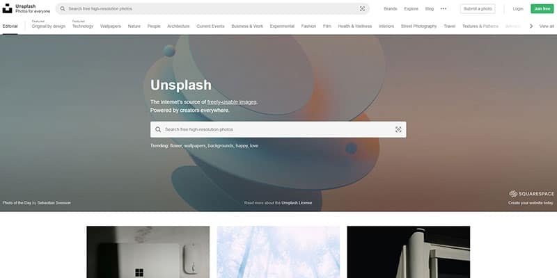 Unsplash landing page