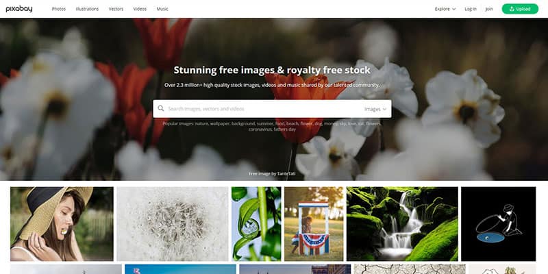 Pixabay landing page with royalty free stock images