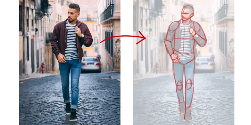 a reference image of a man walking down the street, next to a drawing of him using body shapes