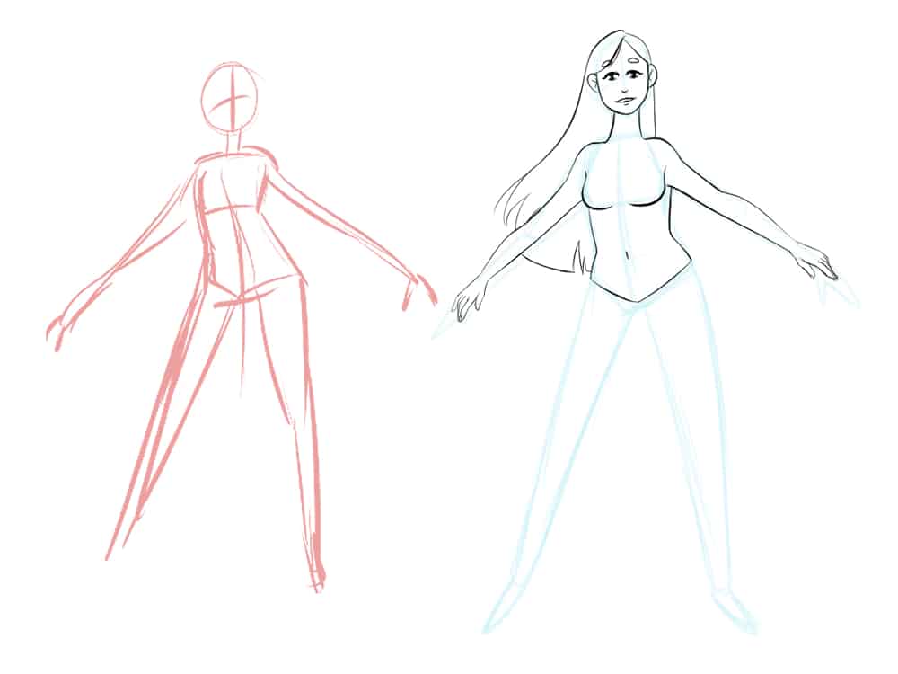 Figure drawing sketch of a female body, next to a more finalized version of that figure drawing