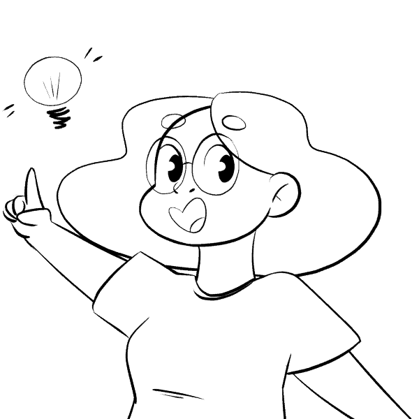 cartoon drawing of a character with a lightbulb, excited and happy