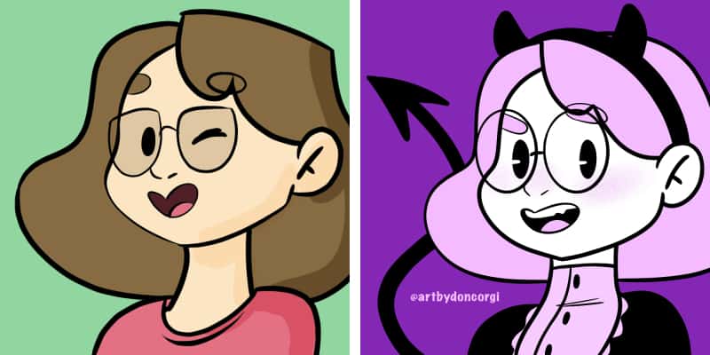 cartoon self portrait, normal drawing version and halloween self portrait version