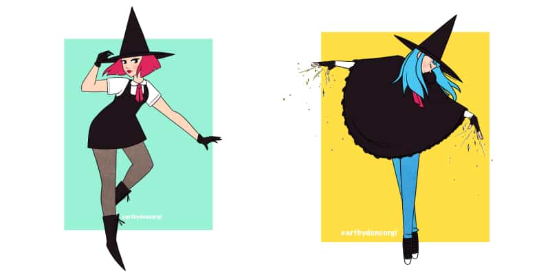 drawings of two witches in a cartoony style