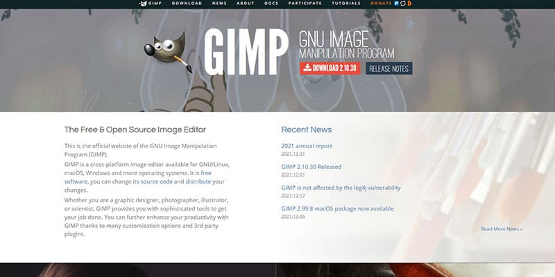 screenshot of the GIMP website, a great free open source drawing software