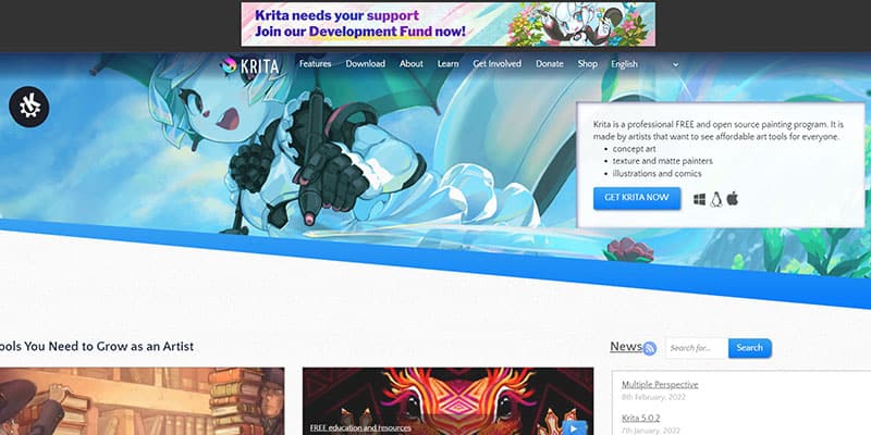 screenshot of the webpage for the free open source drawing software Krita