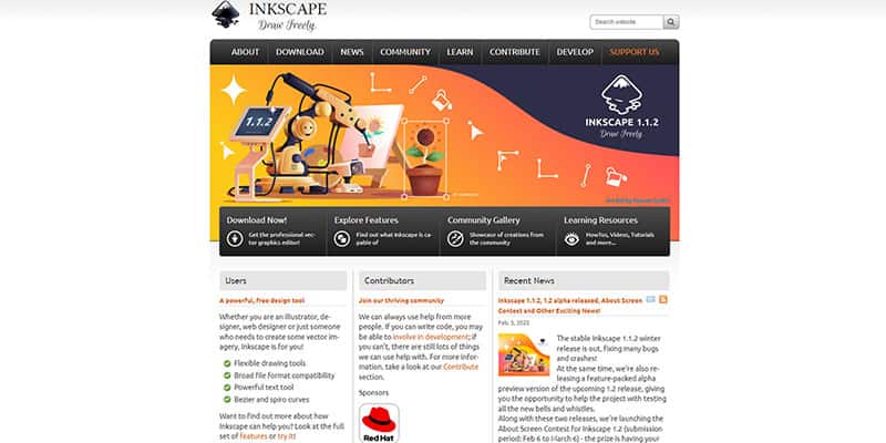 screenshot of the website of the free open source drawing software inkscape