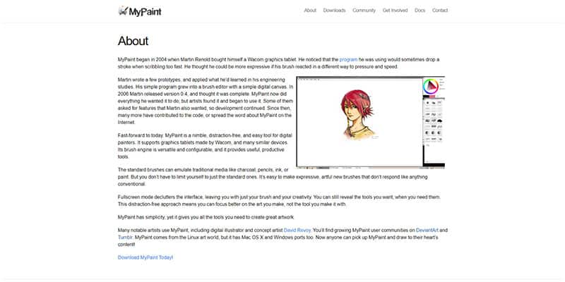 MyPaint website, an amazing and simple free open source drawing software