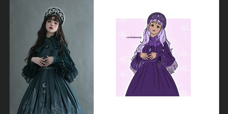 photo reference of a girl with a dress on the left, and a drawing study on the right