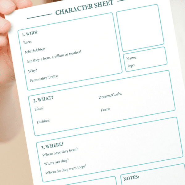 person holding a character sheet template that artists can use to create their own characters!