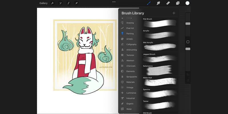 drawing by doncorgi created on procreate, showing the brush library of procreate