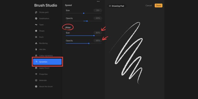 screenshot of the brush dynamics settings in procreate