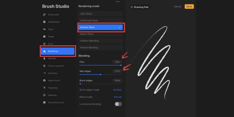 change the rendering settings of your procreate brush, including the blending options