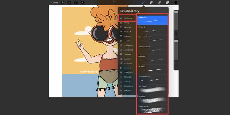 the sketching brushes on the brush library of procreate