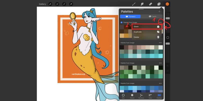 procreate image showing how to share your palette with friends