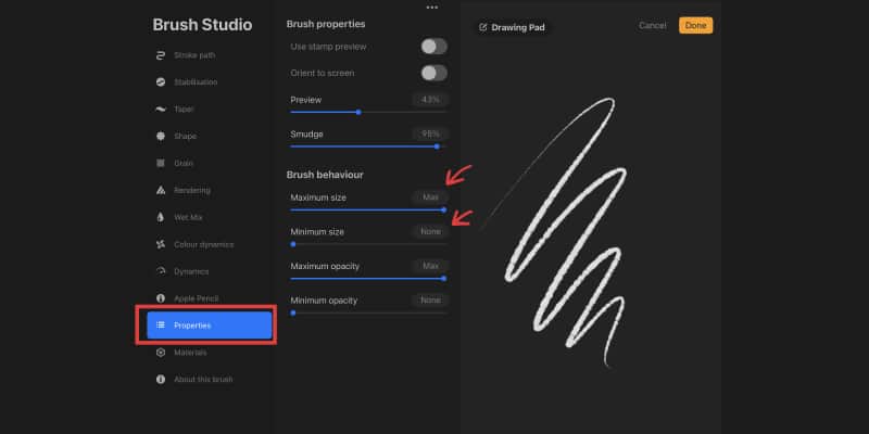 Tweak the properties of your new brush in the brush studio, interface screenshot