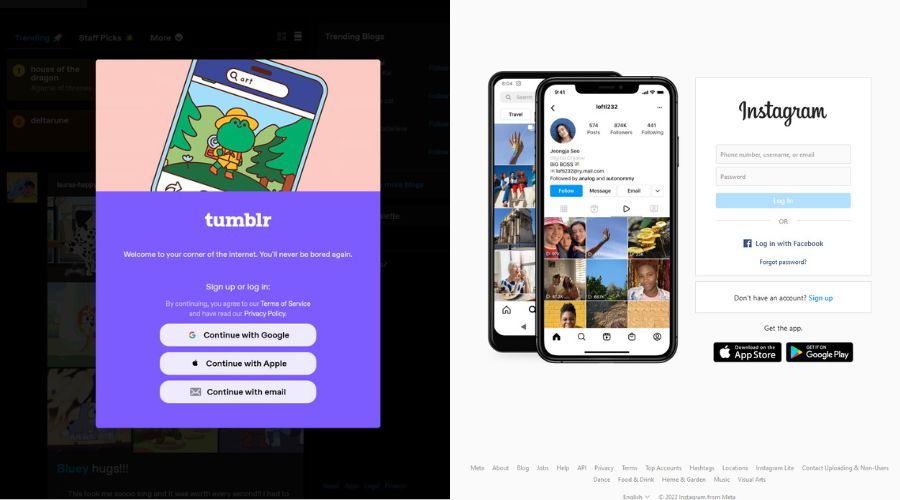 Tumblr And Instagram Signup pages, social media can be used as an extra art portfolio option for artists