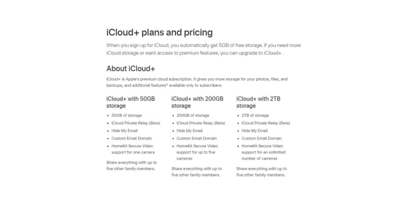iCloud+ pricing plans available with different storage options