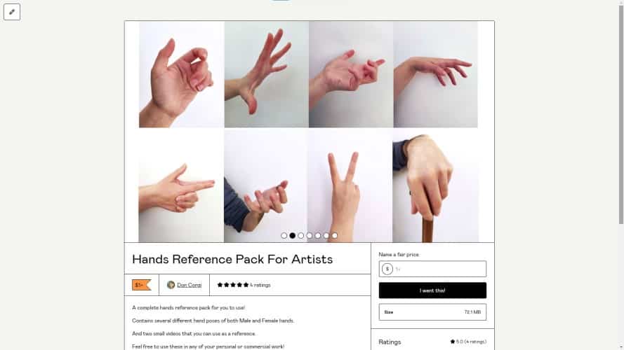 screenshot of the hands reference pack for artists page by don corgi