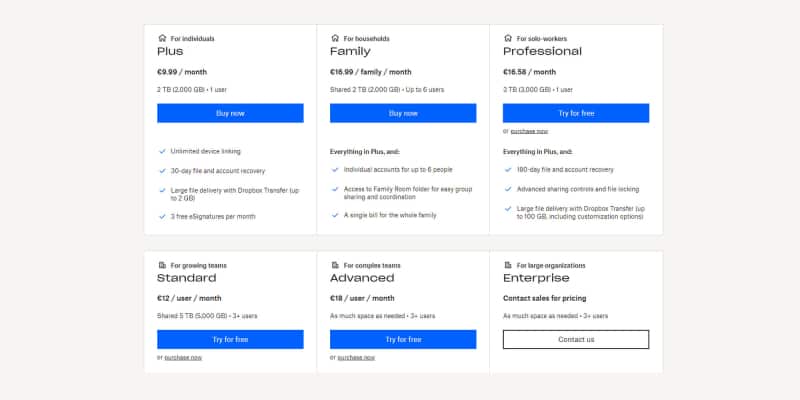 dropbox pricing plans with storage