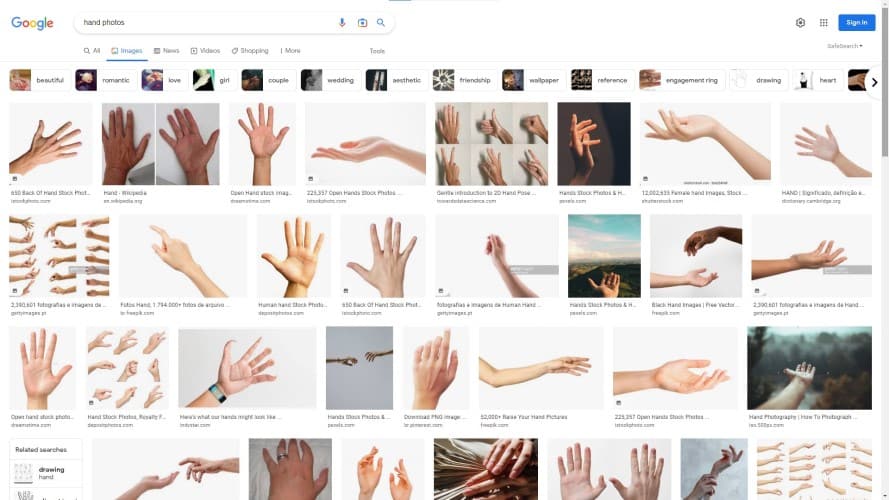screenshot of different hands from google image results