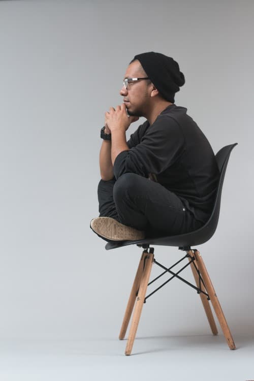 Man In Side View Pose Reference, Sitting On Chair