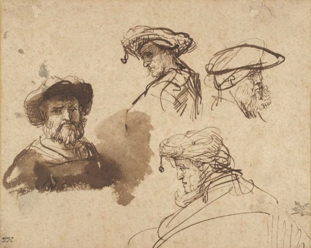 Rembrandt van Rijn, Four Studies of Male Heads, Gesture Drawing Example